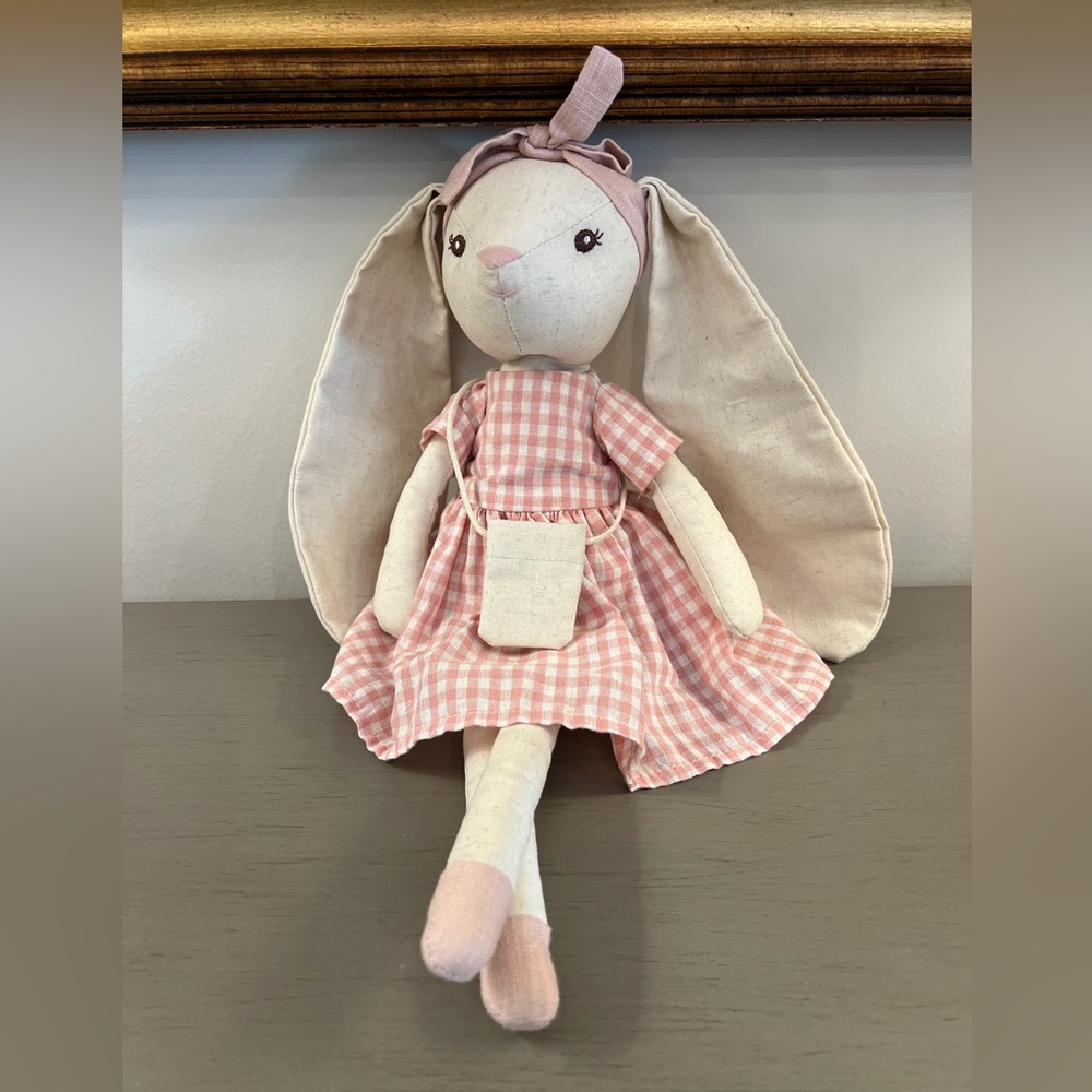 Mikee Fluffie Easter Basket Bunny Plush Stuffed Animal Pink White Gingham Dress